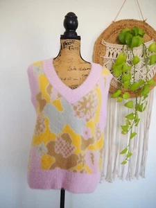 Floral Abstract Lavender Purple Pastel Fuzzy V Neck Oversized Vest Sz Small NWT - Picture 1 of 12