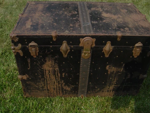 Vintage LARGE Steamer Trunk Black metal 36L x 22W x 22.5H inches. Good Cond Cover