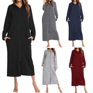 Women's Hooded Long Sleeve Robe Zip Up Duster Full Length Pockets Soft Housecoat - Picture 1 of 22