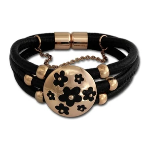 Amello Nappa-Leder Armband 21cm schwarz Blumen Edelstahl rosevergoldet LAQ011S1 - Bild 1 von 2