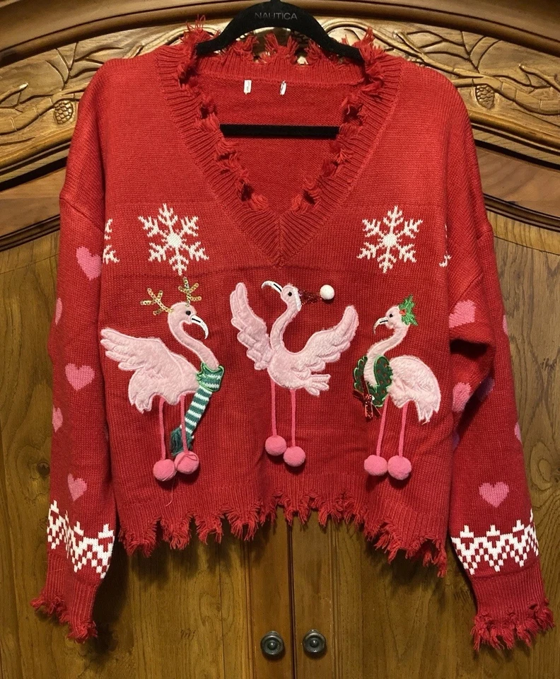 Suéter Feo Navidad Recortado Flamenco Copos de Nieve Mujer Tejido Multicolor L Foto 1 de 4