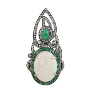 Antique 18K Gold Silver Opal Emerald Diamond Ring 9.64ct Vintage Cocktail US 6.7 - Picture 1 of 4