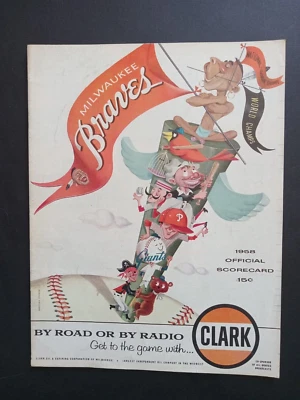 1958 Milwaukee Braves Scorecard Warren Spahn Career Win #229 Aaron & Mathews - Image 1 of 3