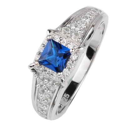 Anillo de promesa de plata esterlina para mujer corte princesa zafiro azul circonita cúbica Foto 1 de 4
