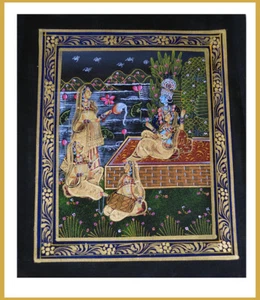 Radha Krishna Miniatur Original Gemälde auf Seidentuch Indien Naturfarben! - Bild 1 von 5