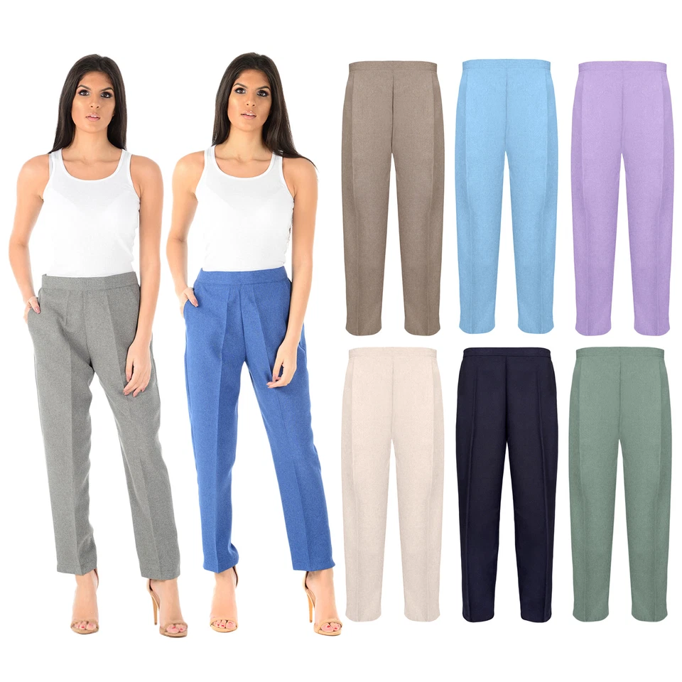 WOMENS TROUSERS LADIES HALF ELASTICATED WAIST WORK OFFICE FORMAL PANTS BOTTOMS - Image 1 of 1