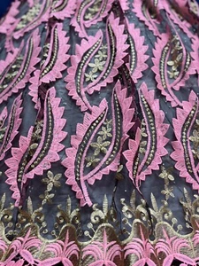 Gorgeous Embroidery Lace. Floral Pink Gold Black Prom Sparkly Lace. Beaded. BTY - Picture 1 of 9