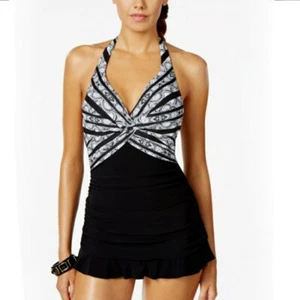 NWT Profile by Gottex Black White Paisley Halter Underwire Skirt Swimsuit Size 6 - Picture 1 of 11