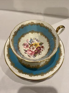 Vintage Aynsley Tea Cup & Saucer Turquoise & Gold w/ Pink Rose & Flowers - Picture 1 of 13