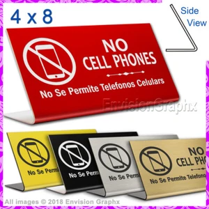 4x8 Engraved Plastic Table Desk Sign - NO CELL PHONES - English/Spanish Office D - Picture 1 of 6