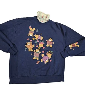 Vintage 90s Womens Large Teddy Bears Crewneck Sweatshirt Leaves Fall Turtleneck - Picture 1 of 7