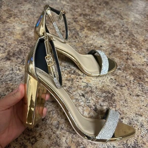 Windsor Gold Rhinestone Open Toe Pump Heels Women Size 9 - Picture 1 of 7