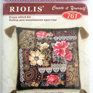 Riolis Cross Stitch Kit Black Background Floral Pillow 15.5 x 15.5 New - Picture 1 of 6