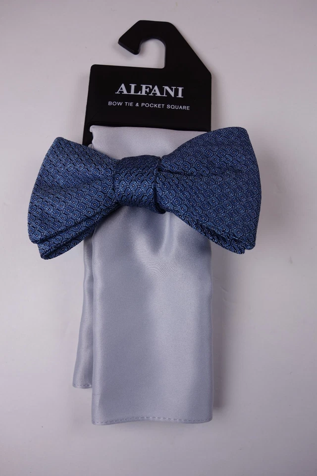 ALFANI Blue Geometric Pre-Tied Bow Tie & Gray Pocket Square NEW MSRP $55 - Image 1 of 1