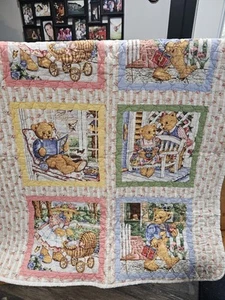 Handmade Crib Quilt 42x37Adorable Teddy Bear Family Curved Corners - Picture 1 of 2