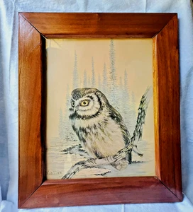 Vtg Owl Print Snowy Evergreens by artist Moeller '69 Primitive Handcrafted Frame - Picture 1 of 8