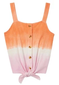 Justice Girls Tank Top Coral Size 12 Dip Dye Ribbed Button Front Tie Knot Hem - Picture 1 of 10