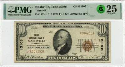 1929 Ty.1 $10 Third Natl Bank Nashville TN CH#13103 PMG VF25 GCC Green - Image 1 of 2