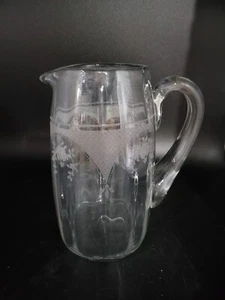 Vintage Clear Blown Glass Etched Pitcher Floral Design - Picture 1 of 7