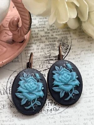 Pendientes Aniversario Oro Rosa Camafeo Regalo Cumpleaños Negro Turquesa Boda Fiesta Foto 1 de 4