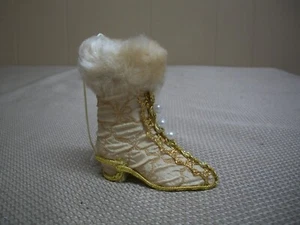 Victorian Beige w Faux Fur Top, Gold Trim, Beads Heeled Boot Shoe XMas Ornament - Picture 1 of 11