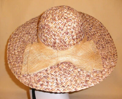 Contemporary Natural Tan & Brown Straw Wide Brim Hat w/ Burlap Trim & Bow - Image 1 of 4