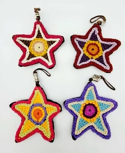 Crochet Knit Star Ornaments Lot of 4 Multi color Felt Back Leather hanger 4 in - Picture 1 of 7