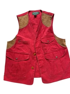 Vintage Ralph Lauren Country Red Cotton Denim Leather Trim Duck Hunt Vest Mens M - Picture 1 of 10