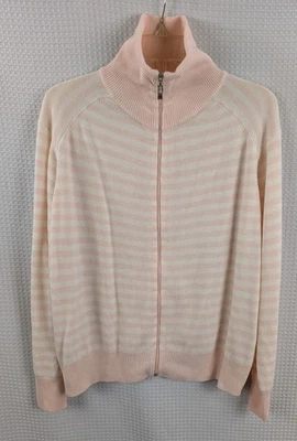 Cardigã suéter Coldwater Creek listrado rosa e branco zíper frontal malha acrílica GG - Imagem 1 de 4