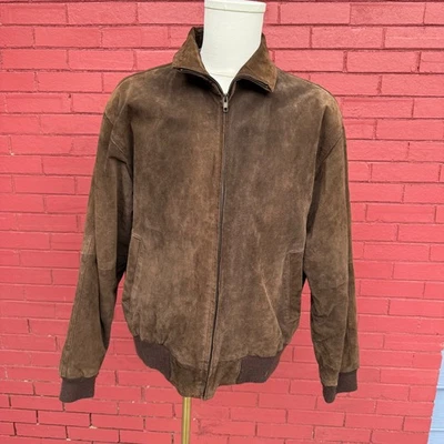 Vtg St Johns Bay Bomber Jacket Mens Size Large Brown Suede Leather Full Zip Coat - Image 1 of 4