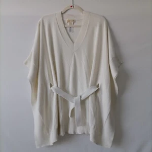 Michael Kors Womens White V-Neck Belted Waist Ribbed Poncho Sweater Size S/M - Picture 1 of 9