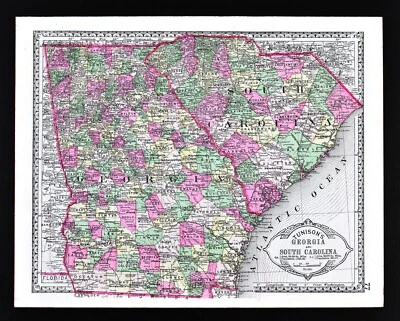 Mapa Tunison 1886 Georgia Carolina del Sur Atlanta Charleston Savannah Atenas  Foto 1 de 3