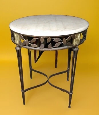 SOPORTE VINTAGE DE HIERRO FORJADO Y LATÓN DE MEDIADOS DE SIGLO CON TAPA DE MÁRMOL Foto 1 de 4