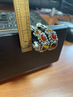 Brincos vintage RJ Graziano assinado olho de tigre âmbar turquesa multicolorido clipe - Imagem 1 de 4