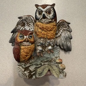 Vintage UCTCI Owls Statue Parent Baby Owl Branch Tree Log Figurine Porcelain - Picture 1 of 10