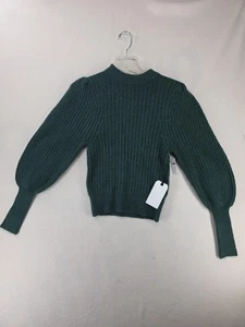 Leith Sweater Womens Small Green Ribbed Puff Sleeve Mock Neck Cropped Knit Soft - Picture 1 of 12