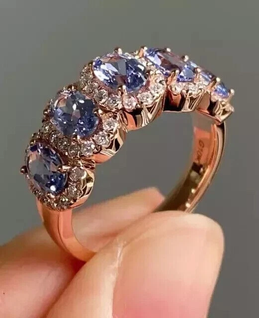 Oval Cut Simulated Blue Tanzanite Engagement Band Ring In 14k Rose Gold Plated - Imagem 1 de 1