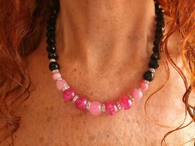 ❤🧡💛COLLANA DONNA PIETRE DURE ONICE NERA, PIETRE ROSA, ACCIAIO ❤ - Immagine 1 di 4