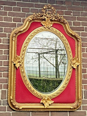 Mirror French Louis XVI Gold Gilt w/ Red Velvet Baroque Wall Decor - Image 1 of 4