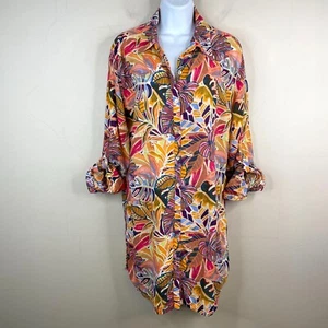 C&C California Womens Beachy Linen Shirt Dress Size L Button Up Tropical Floral - Picture 1 of 13
