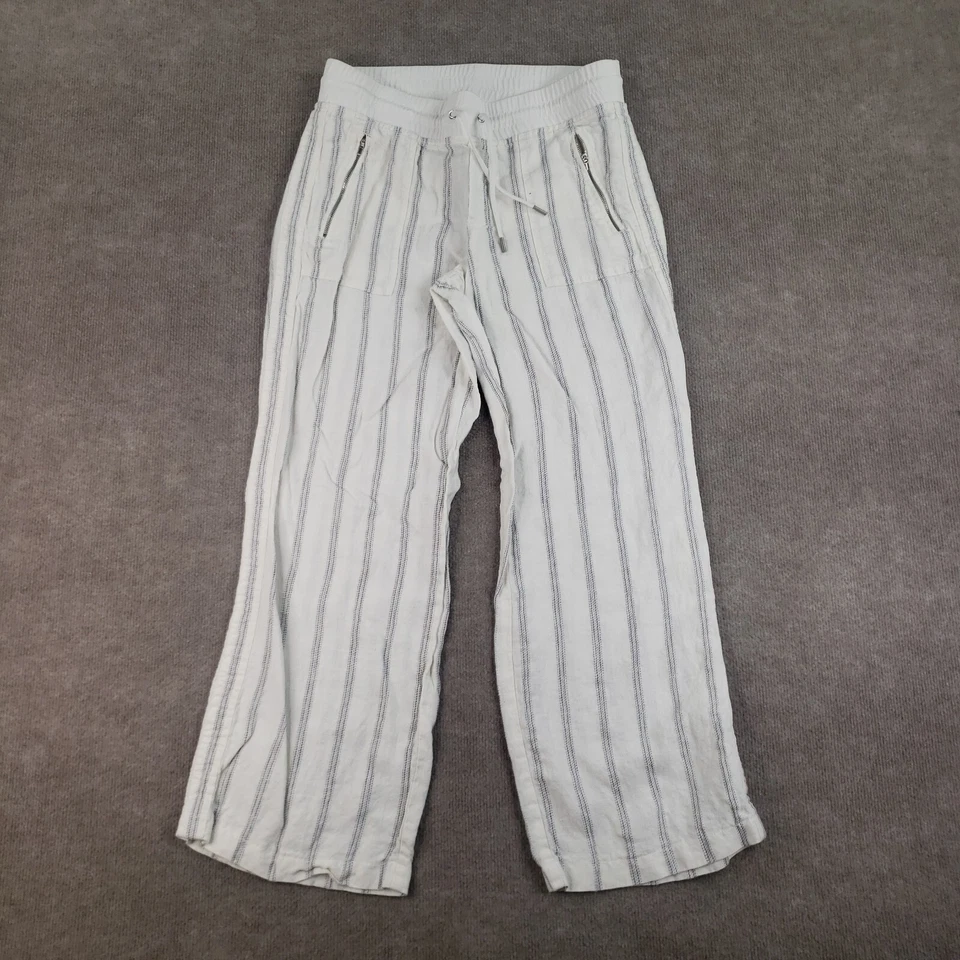 Pantalones Athleta Mujer Talla 10 Blanco Gris Rayas Cintura Elástica Lino Pierna Ancha Foto 1 de 4