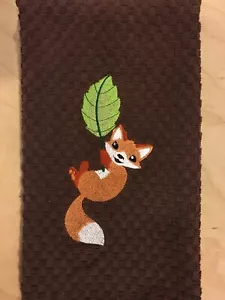 Embroidered Fox with Green Leaf Brown Kitchen Waffle Weave Terry Dishtowel Towel - Picture 1 of 5