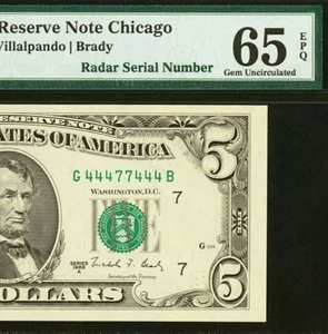 1988A $5 Chicago FRN fancy Radar PMG 65EPQ fancy radar serial number 44477444 - Picture 1 of 3