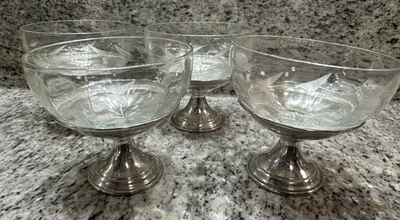 Vintage Sterling Etched Glass Sherbet/Dessert Cup Set of 4 59.5 Grams - Image 1 of 4