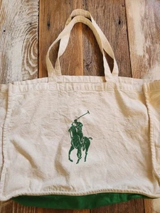 Polo Canvas Green Cream White Tote Bag Big Pony Horse Carry All Reusable Casual - Picture 1 of 13