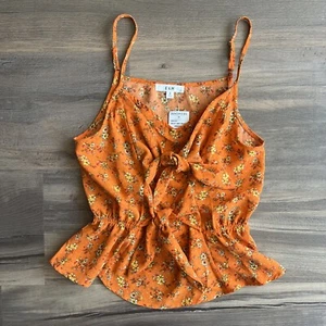 E&M Women’s Sleevless Blouse Floral Print Bow Front Sinched Waist Orange Small - Picture 1 of 12