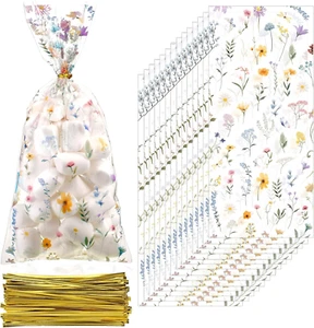100 Pcs Wildflower Party Cellophane Treat Bags Floral Candy Plastic Clear Goody - Picture 1 of 6