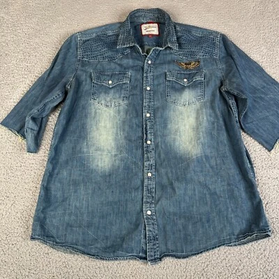 Joe Browns рубашка мужская XL синий жемчуг Snap джинсовой ткани рокабилли хлопок короткий рукав - Изображение 1 из 4