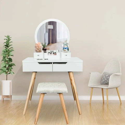 Vanity Table Set with Round Mirror & 4 Drawers Makeup Dressing Table with  Stool Cover
