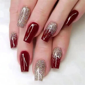 Coffin Long False Nail Wine Red Sparkly Press on Nails for Finger Nail Art 24pcs